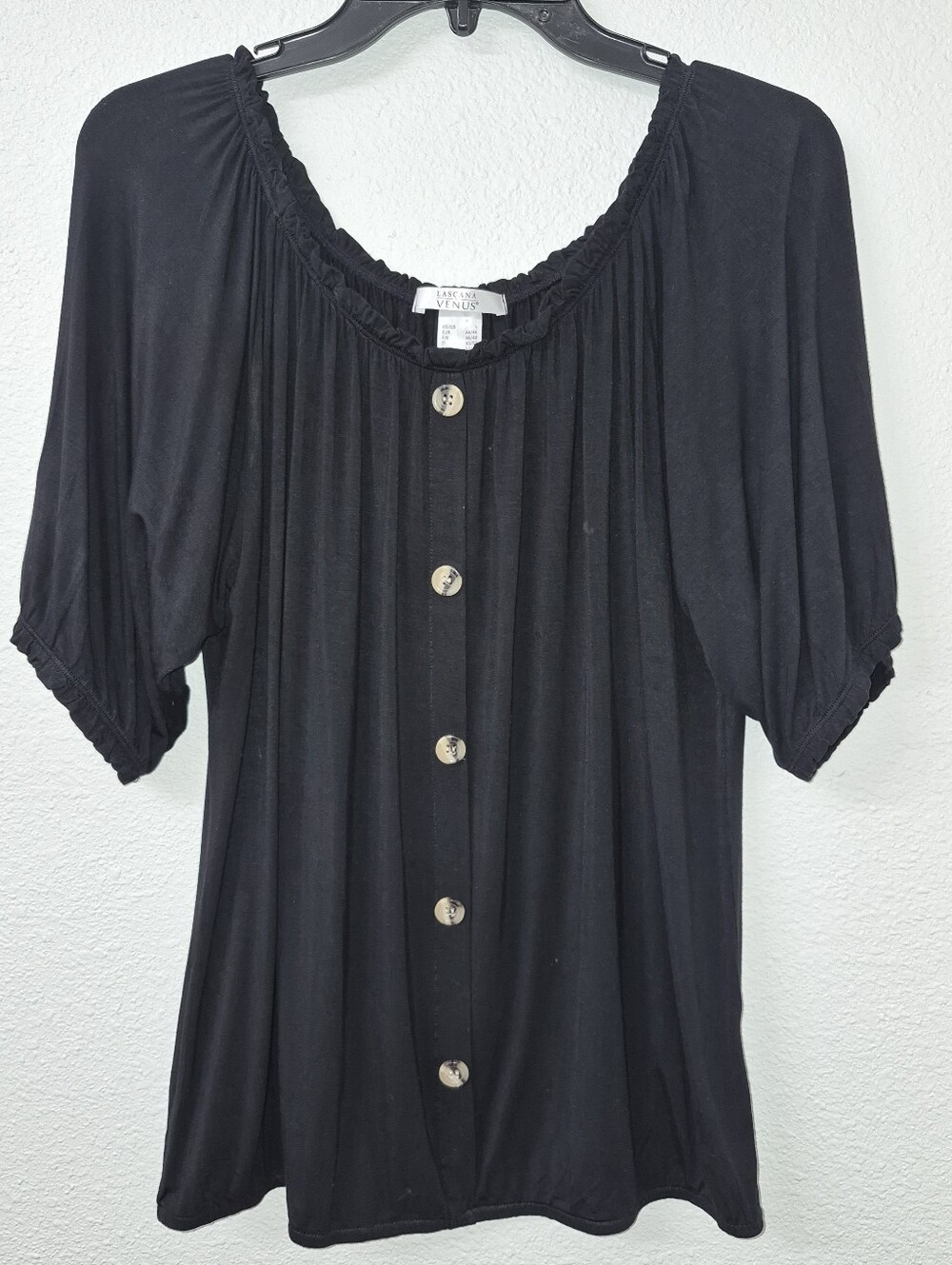 VENUS Black Button-Front Puff Sleeve Top